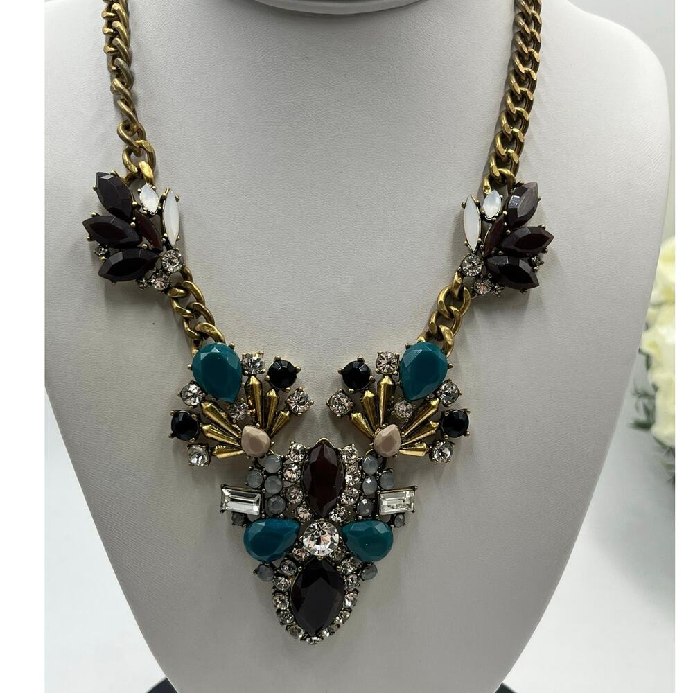 J. Crew Vintage Art Deco‎ Blue Brown Rhinestone Stacked Statement Necklace
